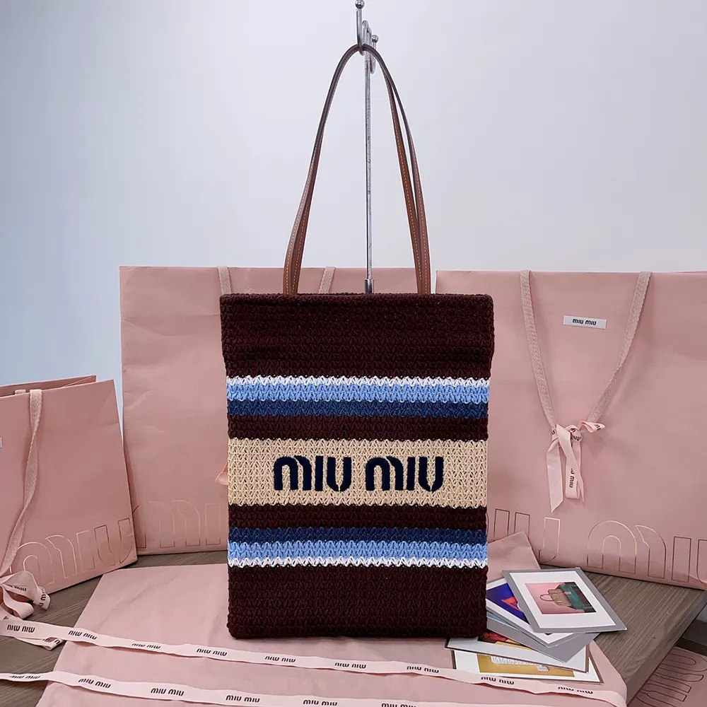 Close-up of gold hardware and woven raffia texture on Miu Miu tote