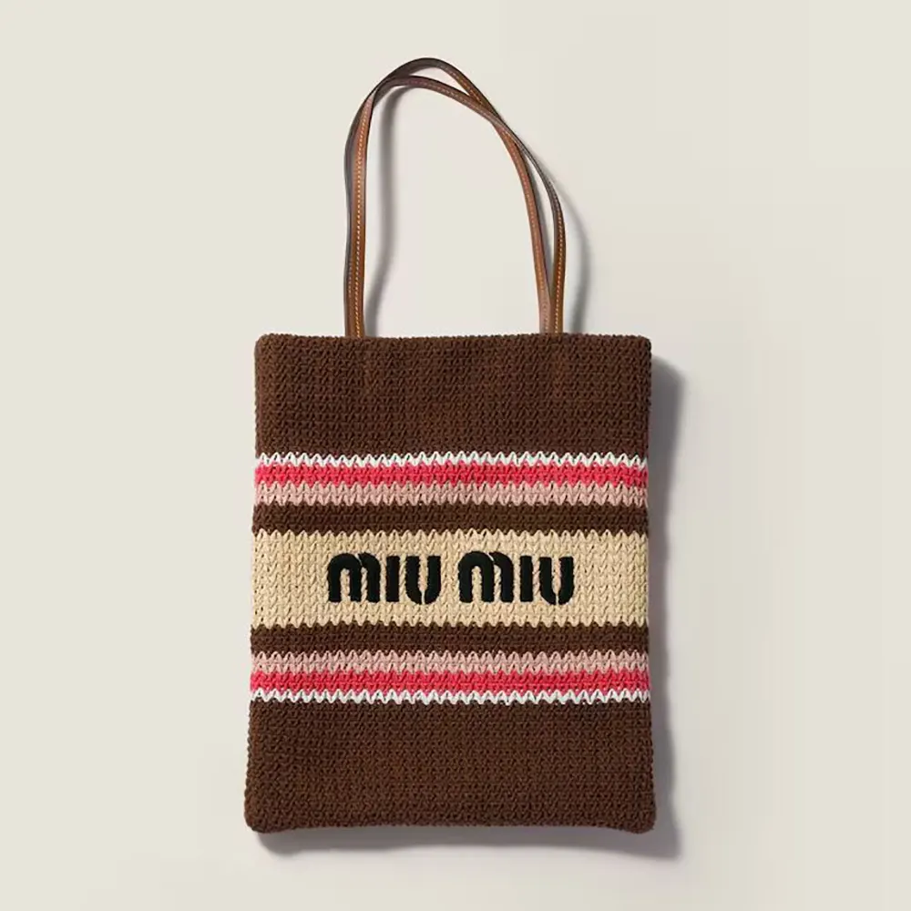 Miu Miu Women Raffia-Effect Woven Tote Bag-Tobacco/Strawberry/Natural