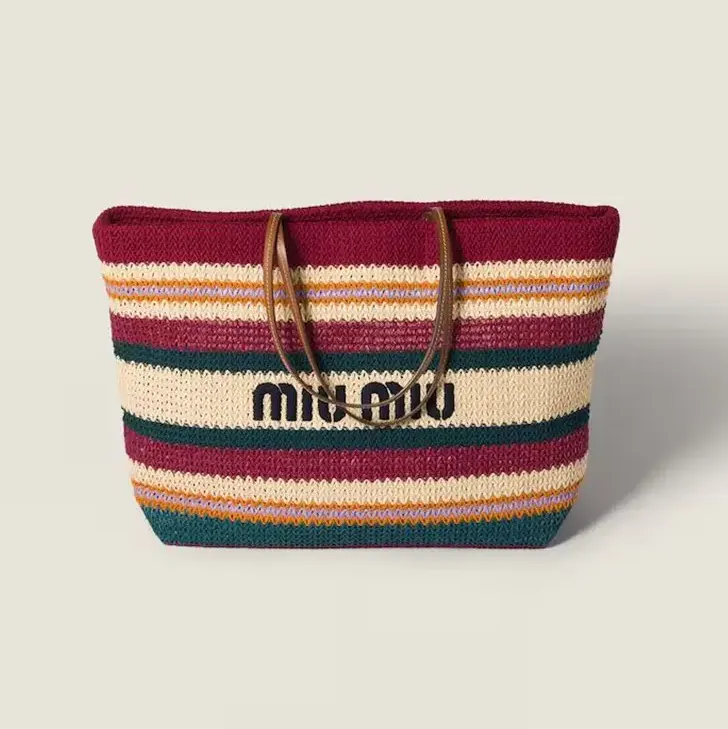Front view of Miu Miu Women Raffia-effect Woven Tote Bag-Bordeaux