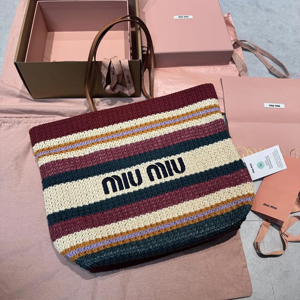 Close-up of woven raffia-effect texture on Miu Miu Women Tote Bag