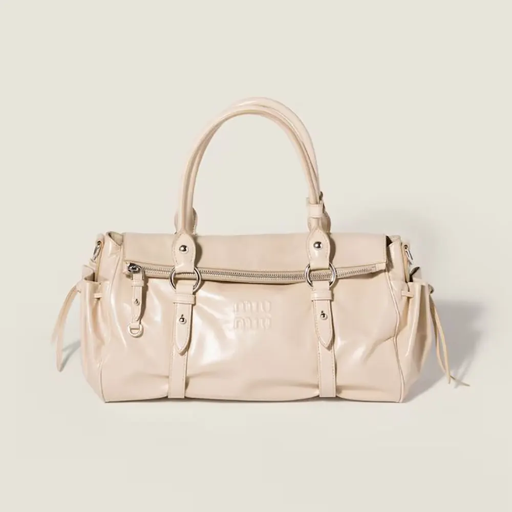 Front view of Miu Miu Women Shiny Leather Handbag-Light Pink showcasing glossy leather