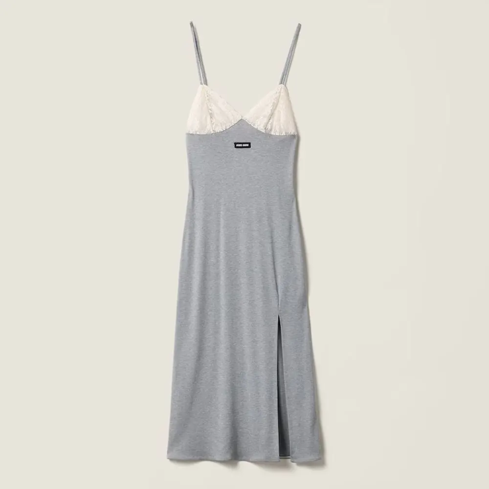 Front view of Miu Miu Women Silk Jersey Dress in shimmering silver