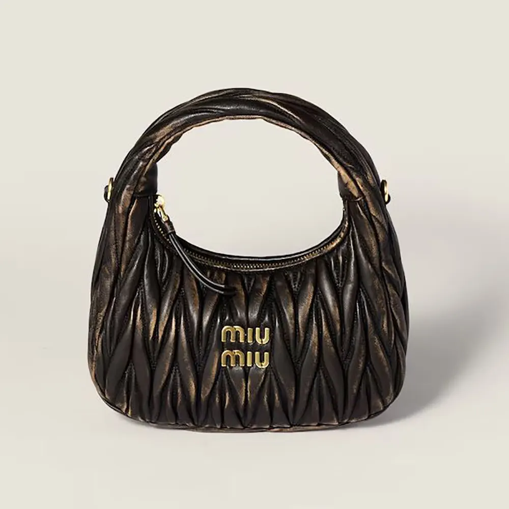 Front view of Miu Miu Women Wander Matelassé Nappa Leather Bag-Coffee