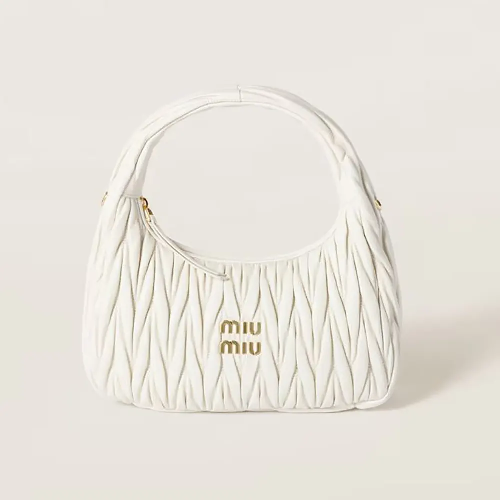 Front view of Miu Miu Women Wander Matelassé Nappa Leather Hobo Bag in black