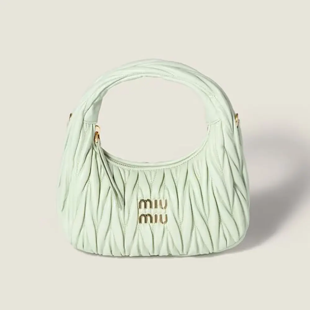 Front view of Miu Miu Women Wander Matelassé Nappa Leather Hobo Bag-Aqua