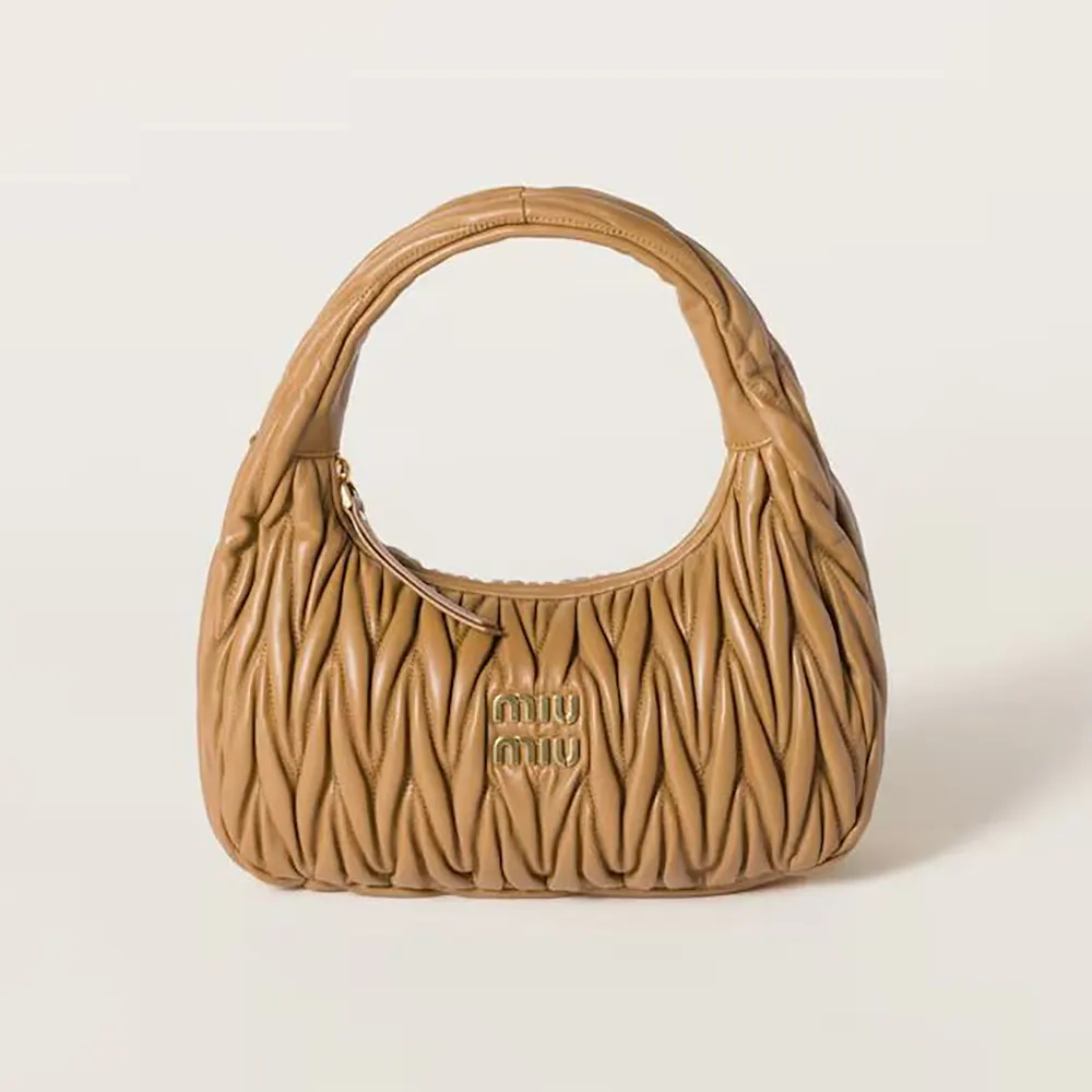 Front view of Miu Miu Women Wander Matelassé Nappa Leather Hobo Bag-Caramel
