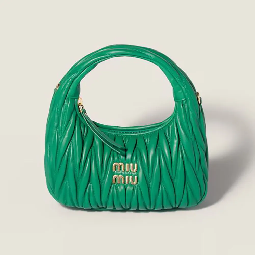 Front view of Miu Miu Women Wander Matelassé Nappa Leather Hobo Bag-Green