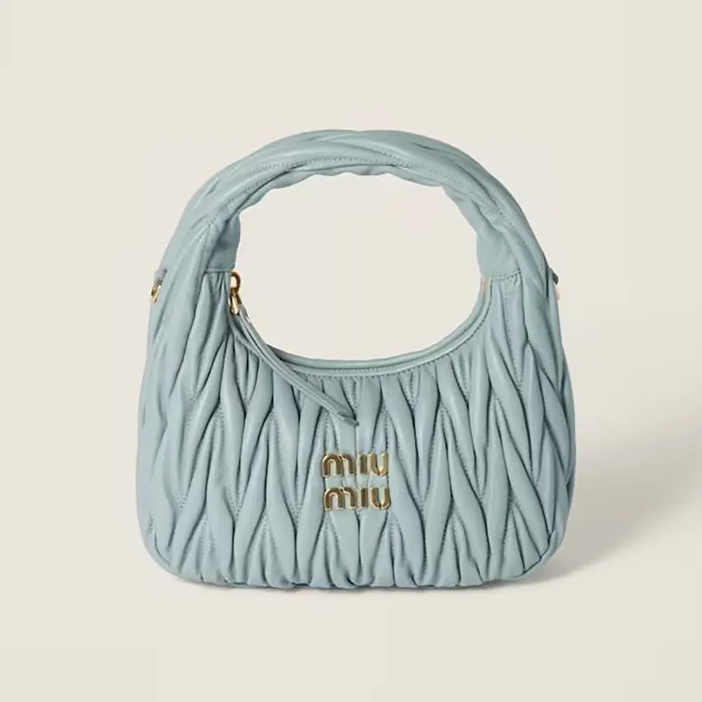 Front view of Miu Miu Women Wander Matelassé Nappa Leather Hobo Bag-Powder Blue