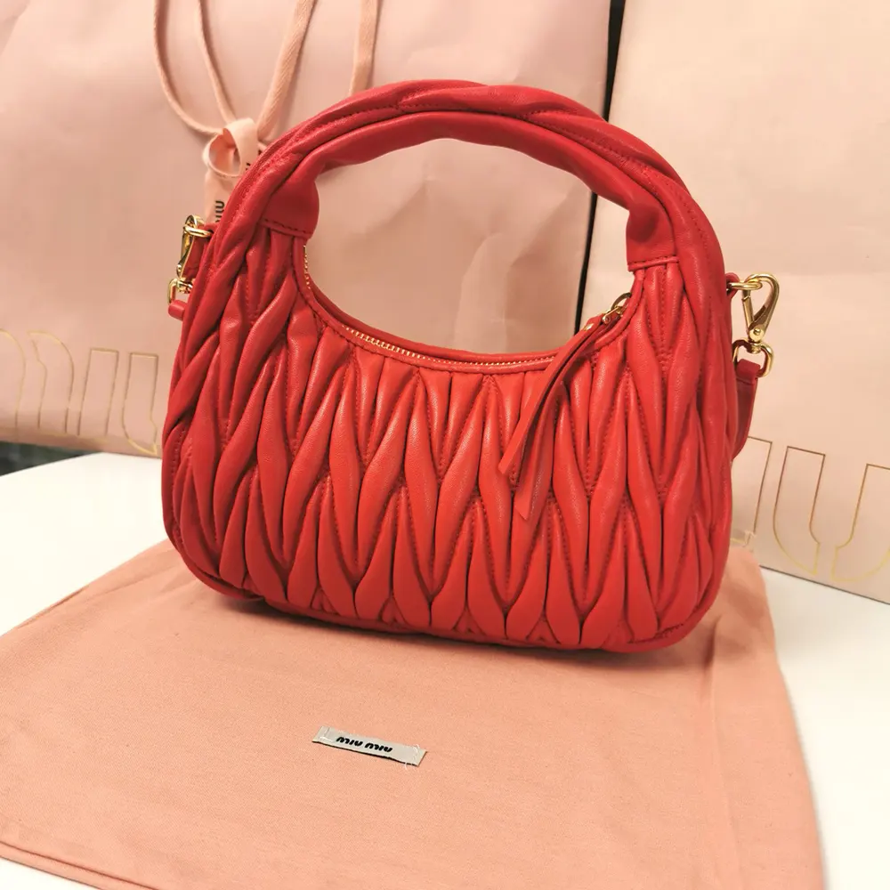 Side angle showing silver hardware on Miu Miu Women Wander Hobo Bag