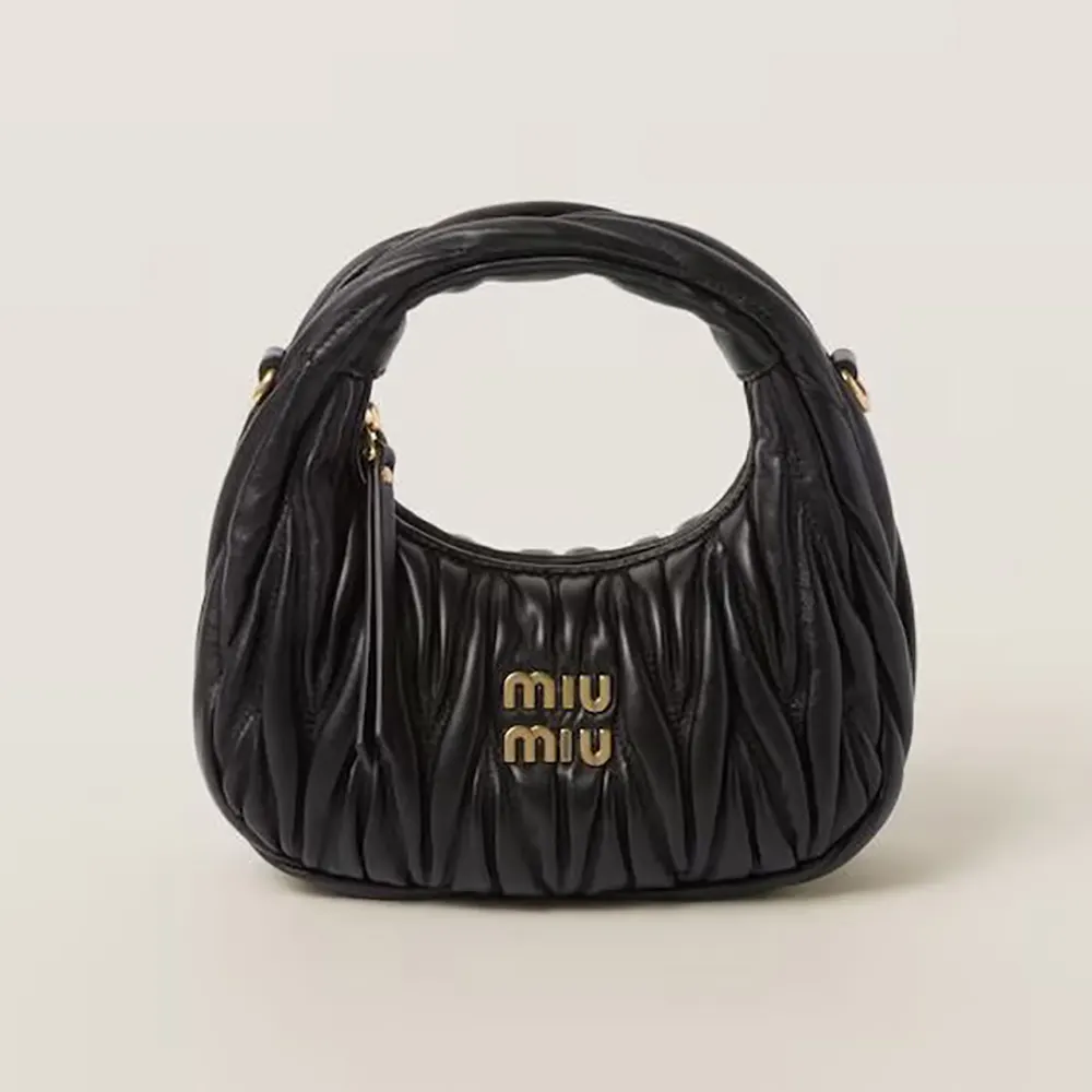 Front view of Miu Miu Women Wander Matelassé Nappa Leather Hobo Mini-Bag-Black