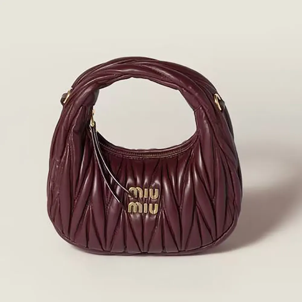 Front view of Miu Miu Women Wander Matelassé Nappa Leather Hobo Mini-Bag-Burgundy with gold hardware