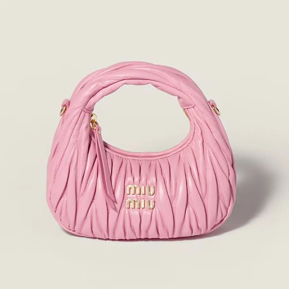 Front view of Miu Miu Women Wander Matelassé Nappa Leather Hobo Mini-Bag-Pink