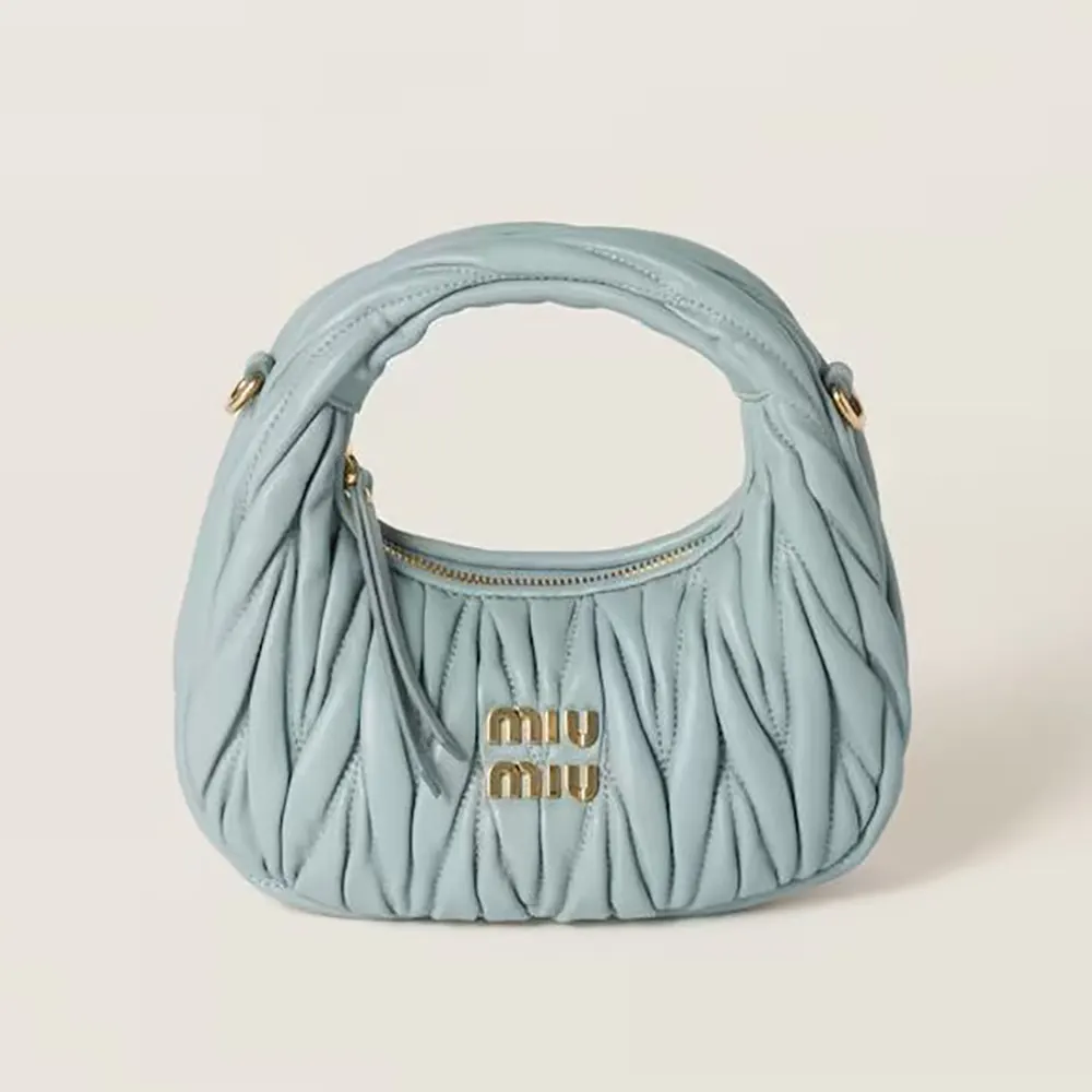 Front view of Miu Miu Women Wander Matelassé Nappa Leather Hobo Mini-Bag-Powder Blue