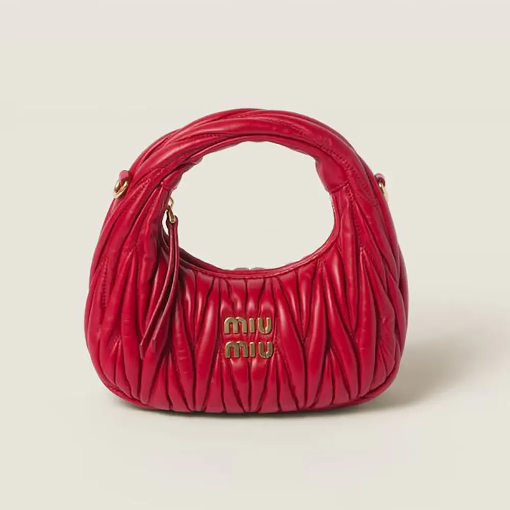 Front view of Miu Miu Women Wander Matelassé Nappa Leather Hobo Mini-Bag-Red