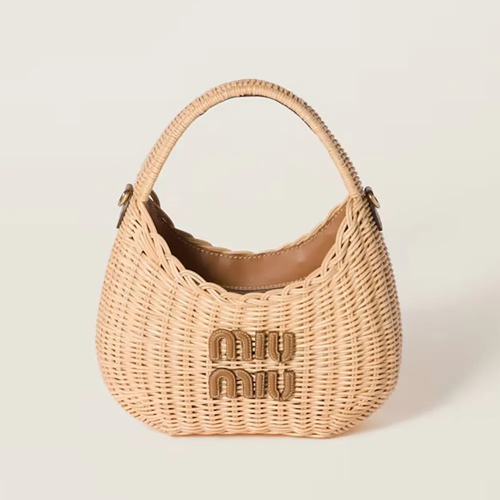 Front angle of Miu Miu Women Wander Wicker Handbag showing woven texture