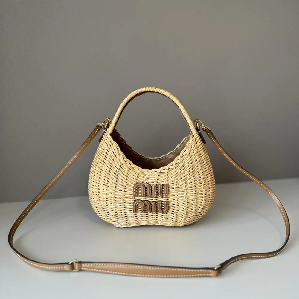 Close-up of silver hardware and leather accents on Miu Miu Women Wander Wicker Handbag
