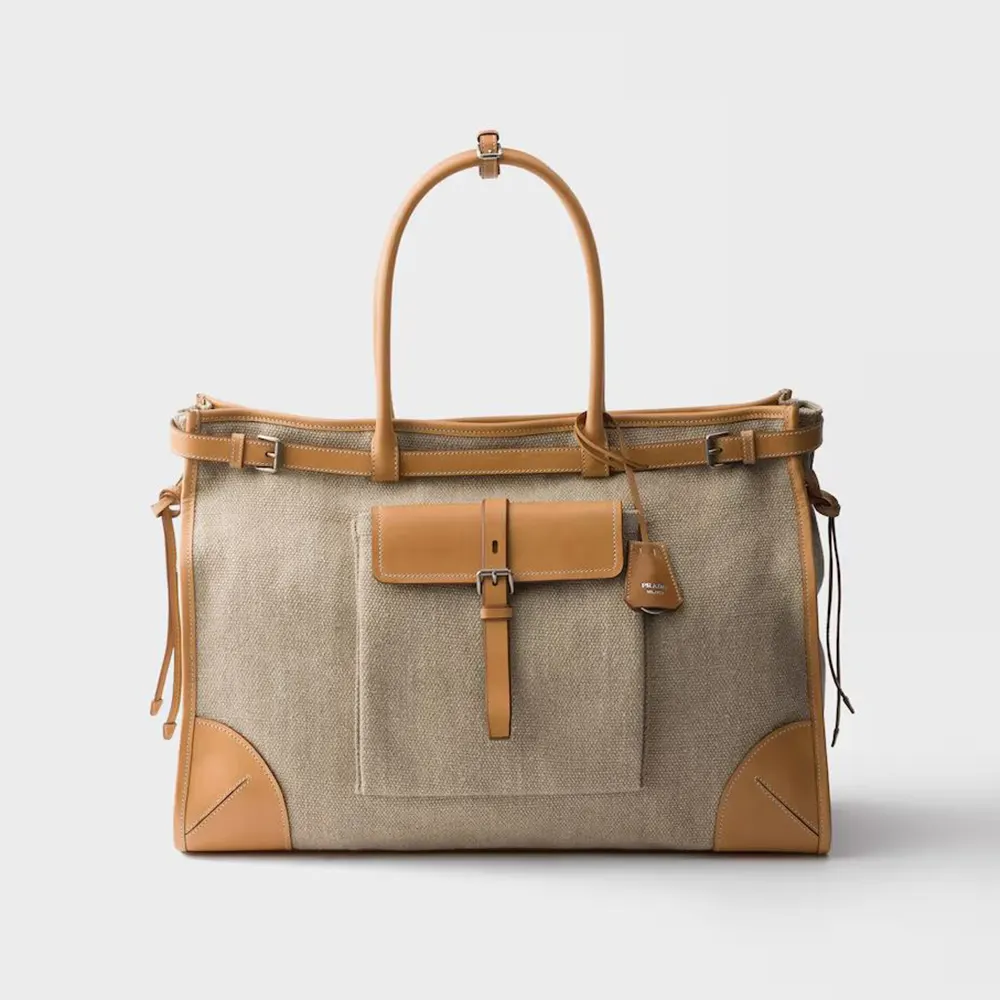 Front view of Prada Unisex Bonnie Linen and Leather Tote Bag