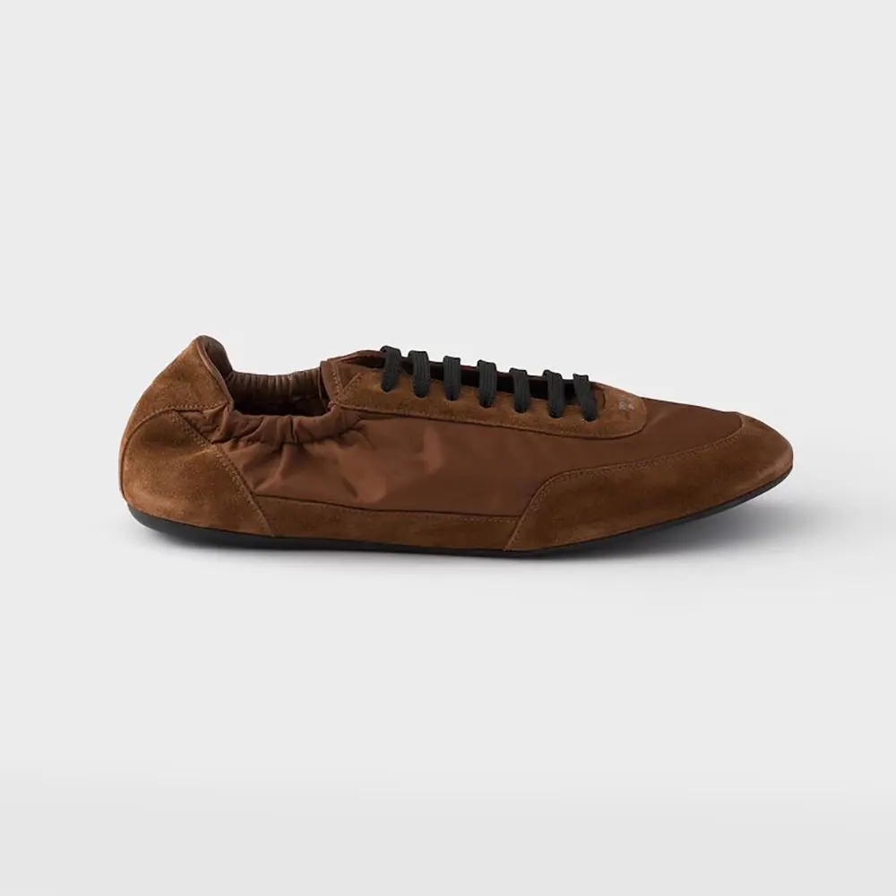 Side angle of Prada Unisex Collapse Re-Nylon and Suede Elasticized Sneakers-Brown