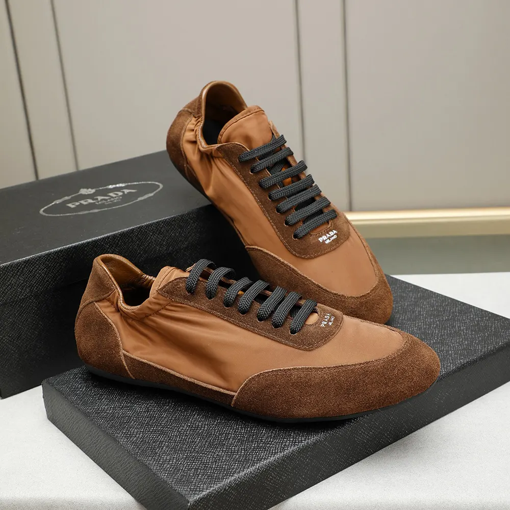 Top view showing brown colour and low-profile shape of Prada Unisex Collapse Sneakers