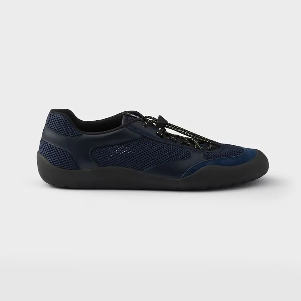 Side profile of Prada Unisex Speedrock Patent Leather and Mesh Fabric Sneakers-Navy
