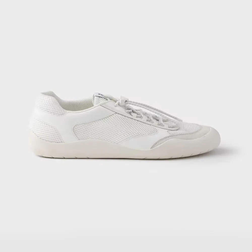 Side profile of Prada Unisex Speedrock Patent Leather and Mesh Fabric Sneakers-White