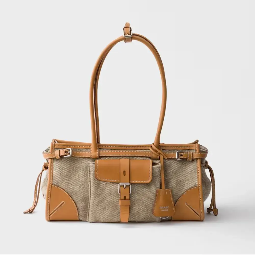 Front view of Prada Women Bonnie Medium Linen and Leather Handbag in natural