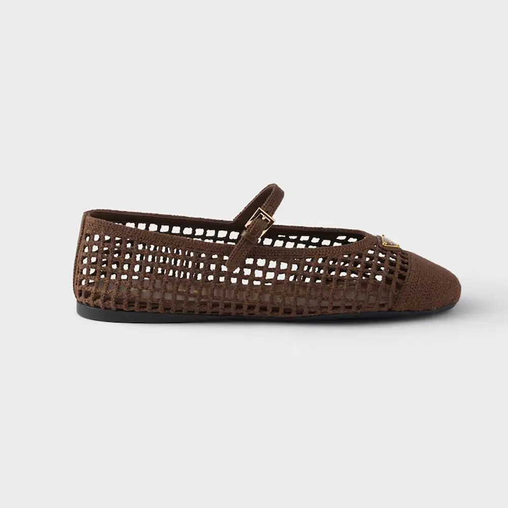 Side view of Prada Women Crochet Ballerinas-Cocoa Brown showing silhouette