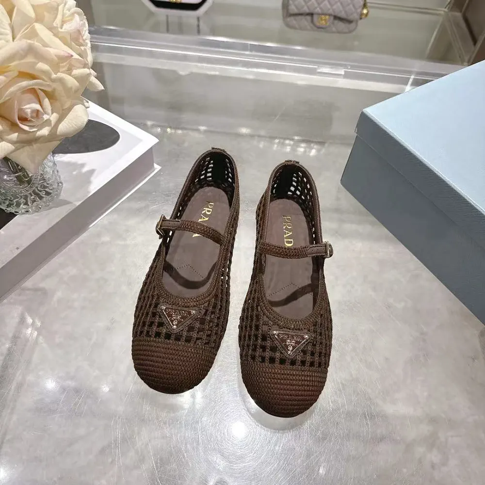 Close-up of crochet detail and leather trim on Prada Women Crochet Ballerinas-Cocoa Brown