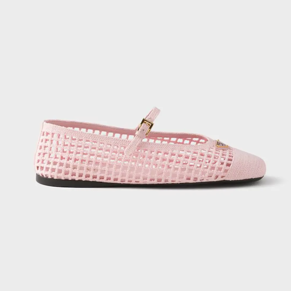 Side view of Prada Women Crochet Ballerinas-Orchid Pink showing crochet texture