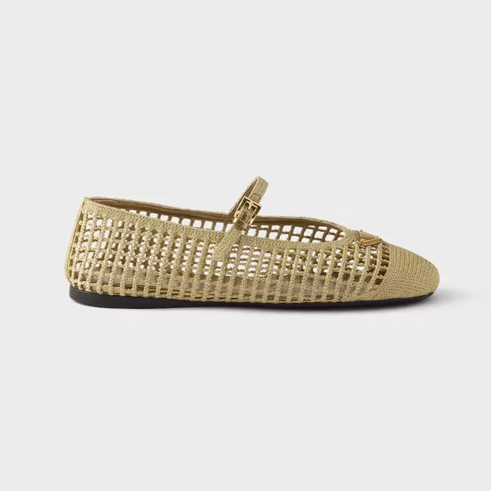 Side view of Prada Women Crochet Ballerinas-Quartz in soft beige