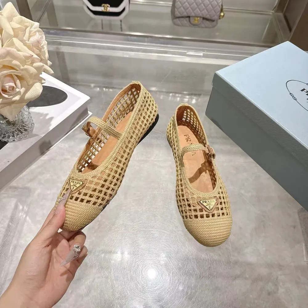 Top-down angle showing silhouette of Prada Women Crochet Ballerinas-Quartz