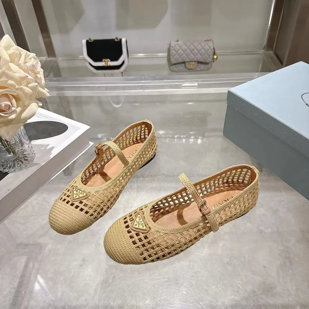 Close-up detail of crochet fabric on Prada Women Crochet Ballerinas-Quartz