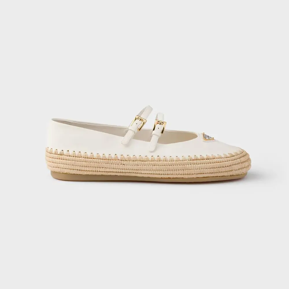 Side profile of Prada Women Nappa Leather And Raffia Ballerinas-White showing silhouette