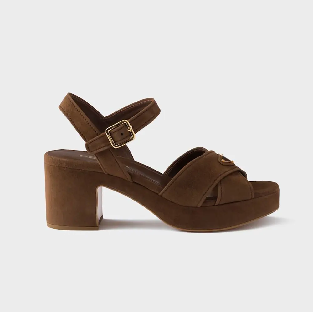 Side view of Prada Women Suede Platform Sandals-Brown showing platform height