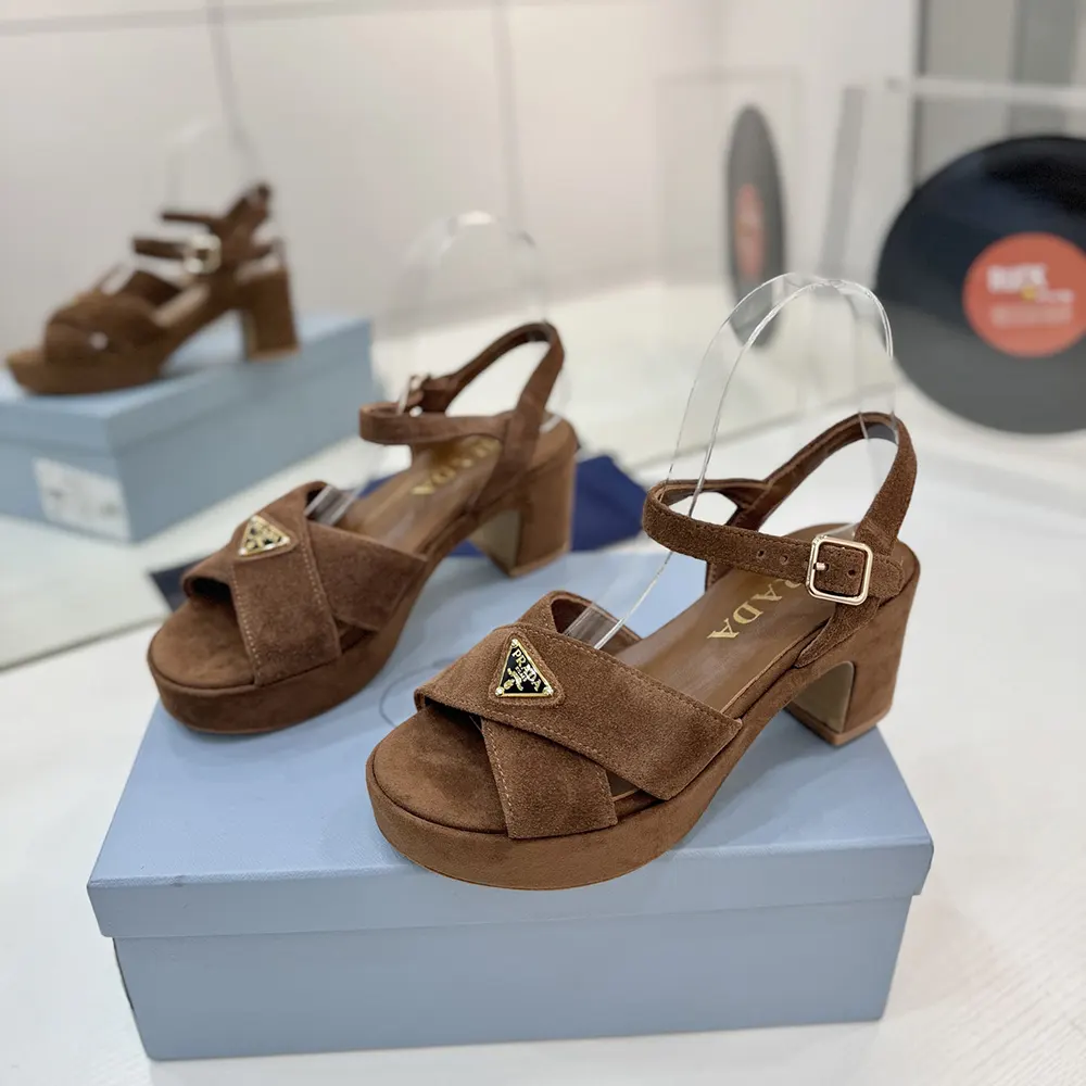 Front angle of Prada Women Suede Platform Sandals-Brown on white background