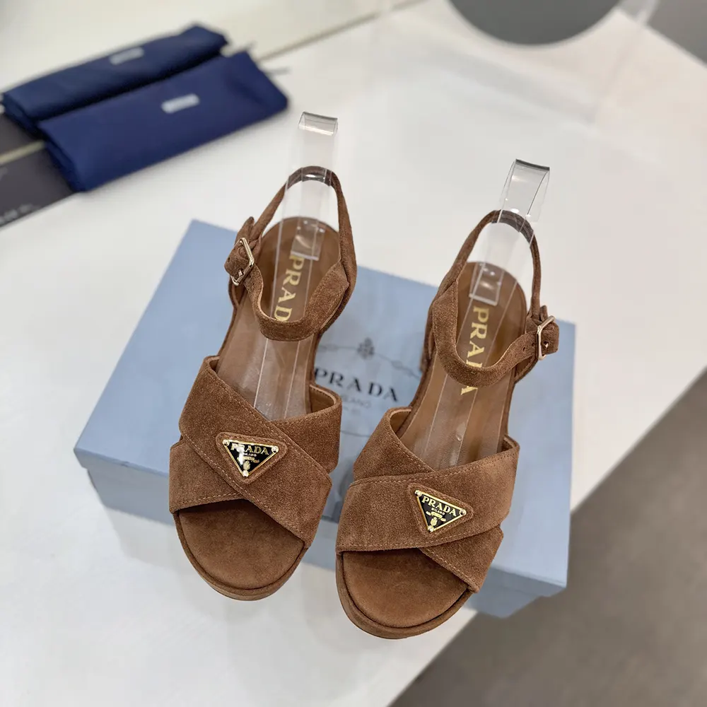 Close-up of gold buckle and suede texture on Prada Women Suede Platform Sandals-Brown