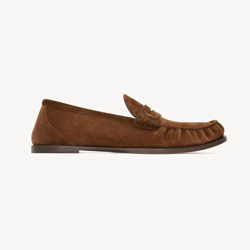 Side angle of Saint Laurent YSL Unisex Laurent Loafers in suede-brown