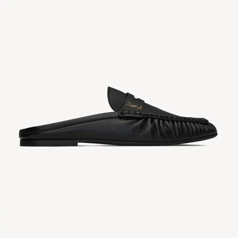 Side profile of Saint Laurent YSL Unisex Le Loafer Mules in shiny black leather