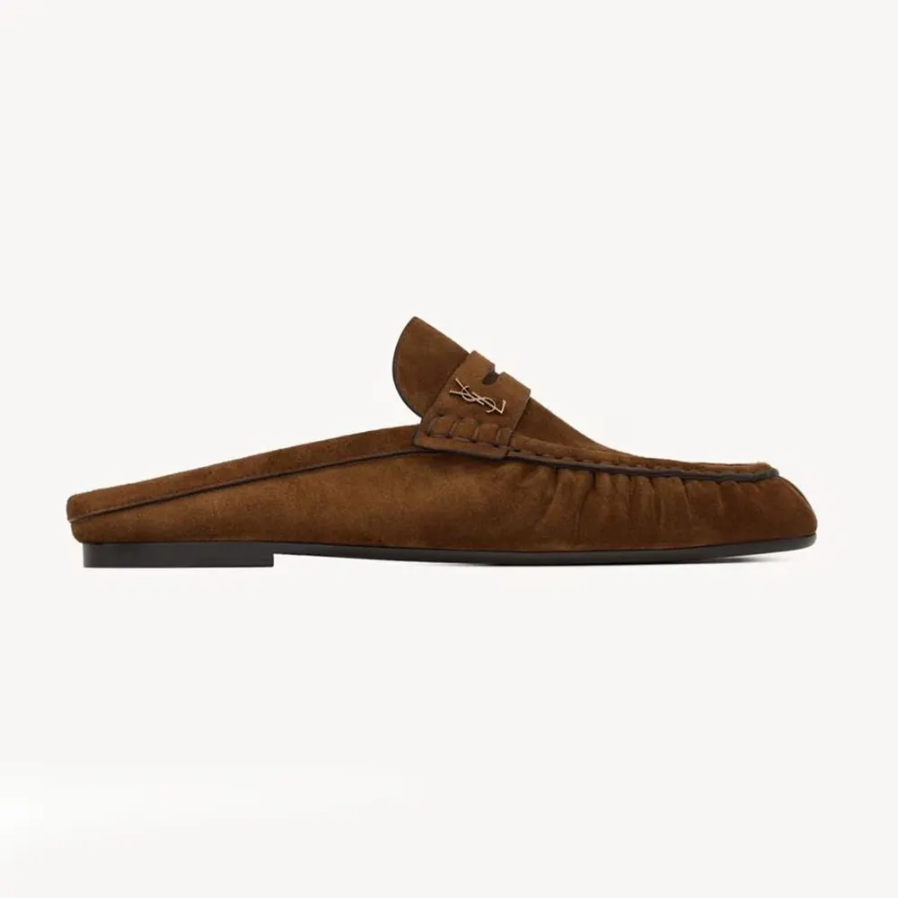 Side profile of Saint Laurent YSL Unisex Le Loafer Mules in brown suede