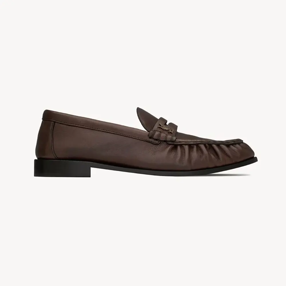 Side view of Saint Laurent YSL Unisex Le Loafer Supple in matte chocolate leather