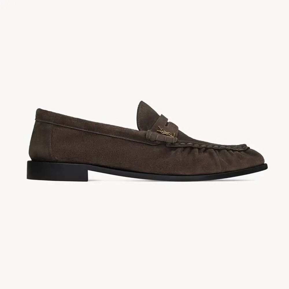 Side view of Saint Laurent YSL Unisex Le Loafer Supple in Suede chocolate