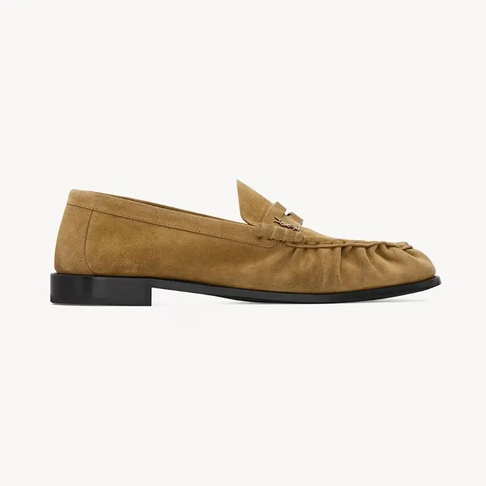 Side angle of Saint Laurent YSL Unisex Le Loafer Supple in Suede-Brown