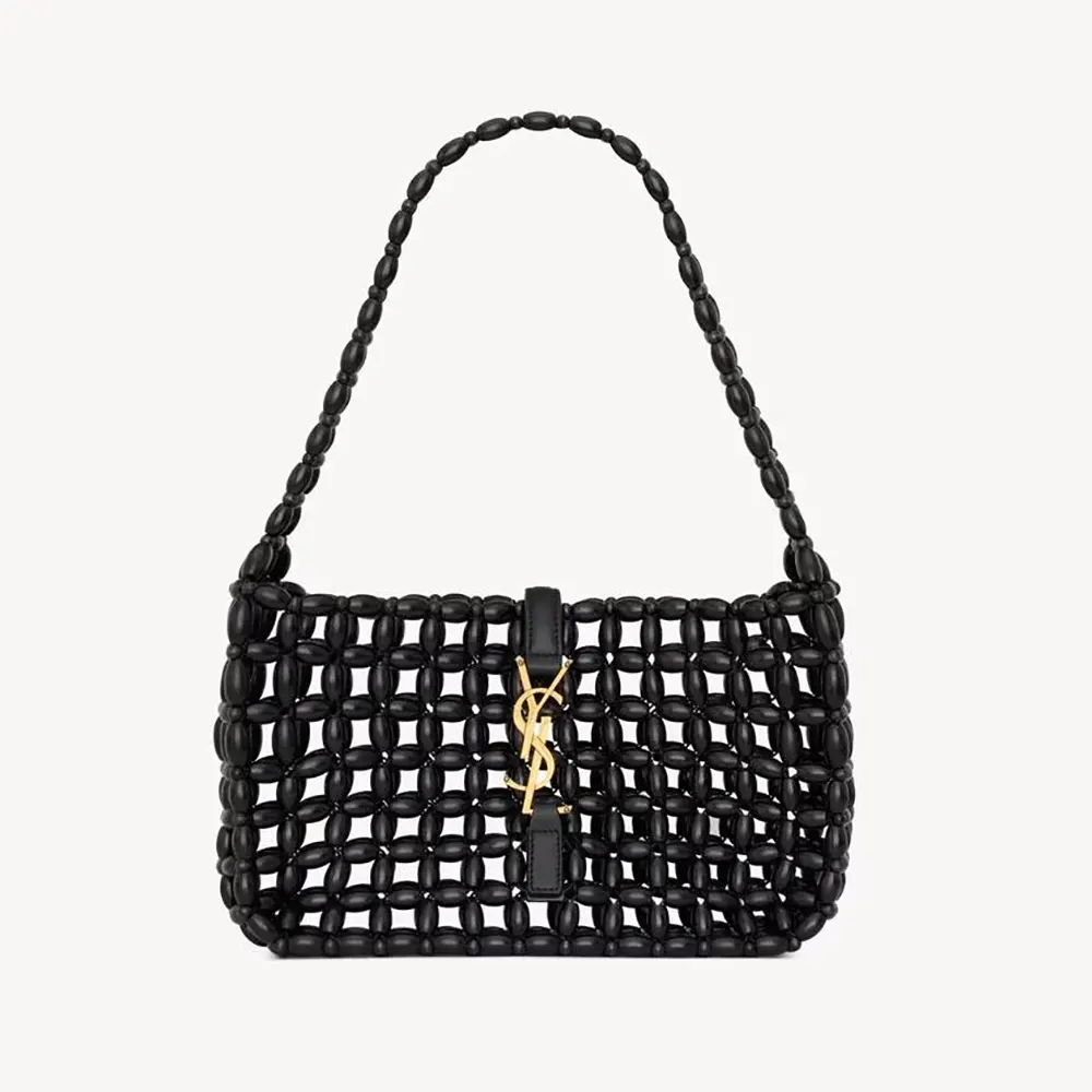 Front view of Saint Laurent YSL Women Le 5 À 7 In Wood Beads-Black bag