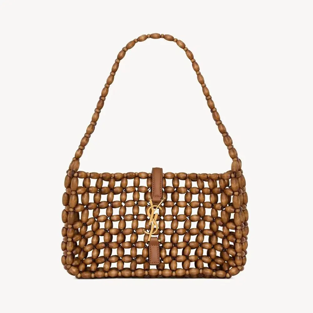 Front view of Saint Laurent YSL Women Le 5 À 7 In Wood Beads-Brown shoulder bag