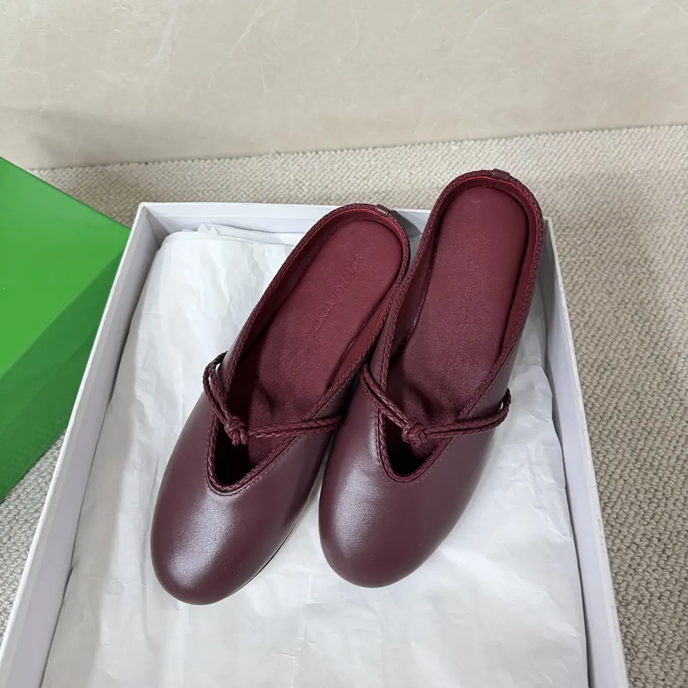 Top view showing rounded toe and strap detail of deep mahogany ballerina