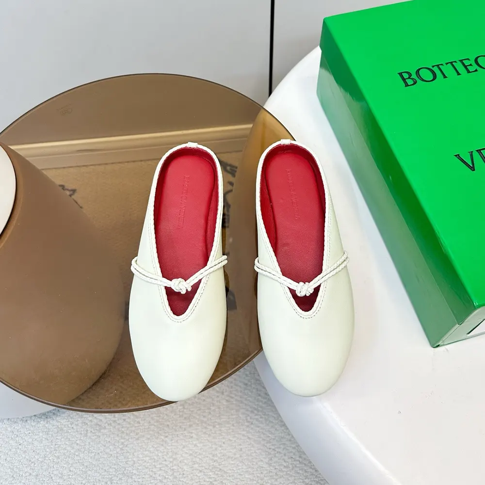 Close-up of Mary-Jane strap and delicate knot detail on Bottega Veneta ballerina