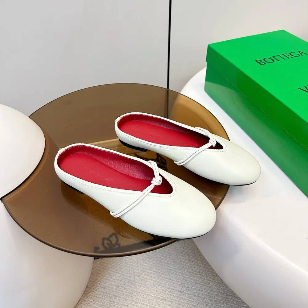 Top-down shot showing ballerina silhouette and soft washed leather on Bottega Veneta shoes
