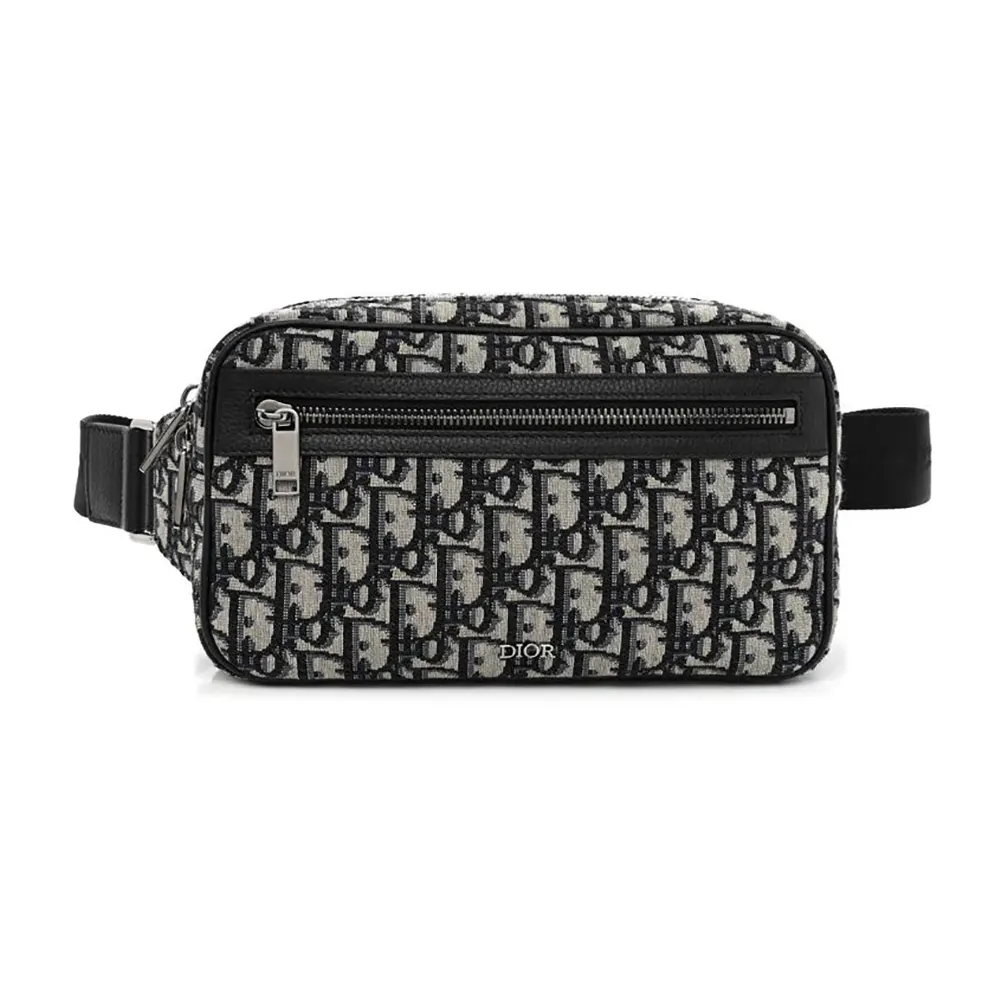 Front view of Dior Men Safari Belt Bag Beige and Black Dior Oblique Jacquard
