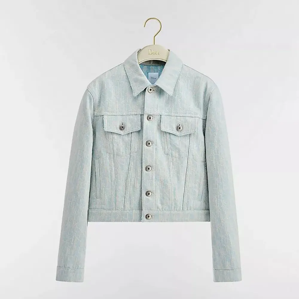 Front view of Dior Men Cropped Jacket Light Blue Dior Oblique Washed Cotton Denim