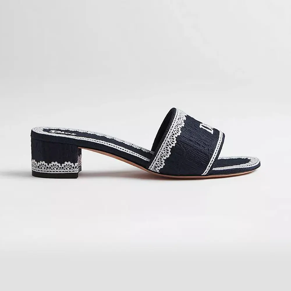 Side view of Dior Women Dentelle Heeled Slide Navy Blue with embroidery